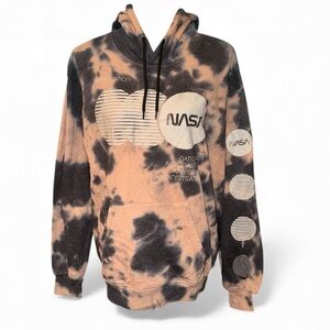 NWT NASA Black & Tan Acid Wash Reverse Tie Dye Soft Cozy Hoodie Sweatshirt Small